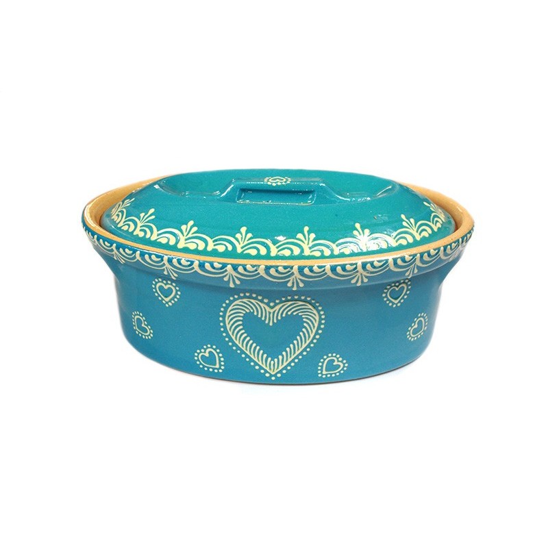 Terrine alsacienne en terre cuite - Turquoise - motif coeur